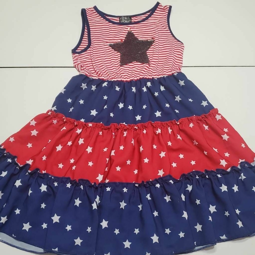 Pink & Violet Girls Fit & Flare Dress Blue Red Stars Sequin Scoop Neck Stretch M